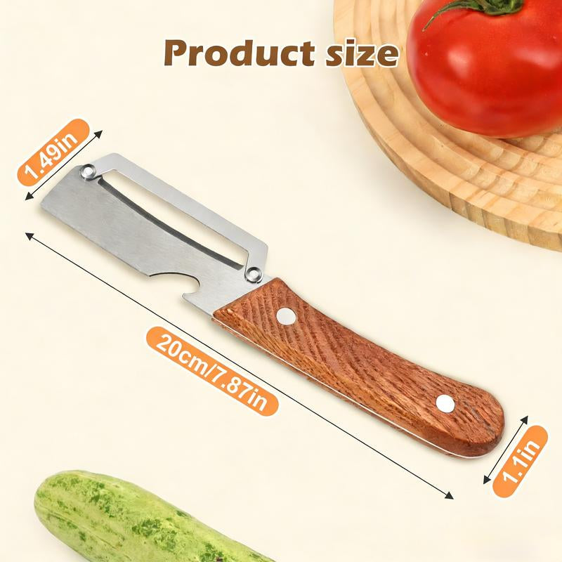 2-Pack 2-In-1 Vegetable & Fruit Peeler with Stainless Steel Blade and Bottle Opener, Wooden Handle Kitchen Tool for Potatoes, Apples, Zucchini, Papaya & Pumpkin