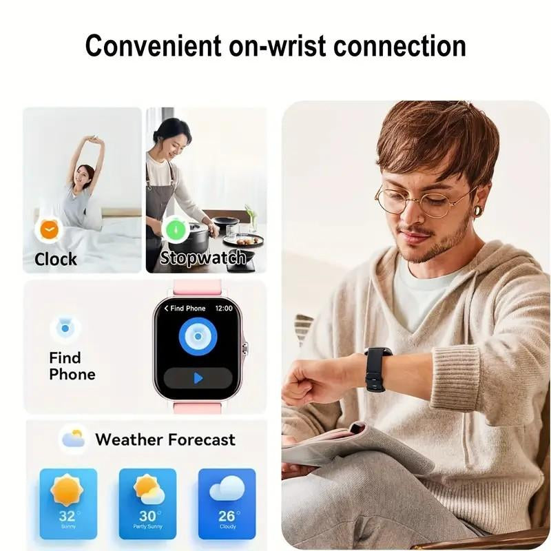 1.83-Inch Full Touch Screen Smartwatch | Message Reminders, Call Answering, Pedometer, Health Monitoring, Compatible with Iphone/Android, Alloy Case, Silicone Strap, Ideal Gift for Birthdays and Holidays.