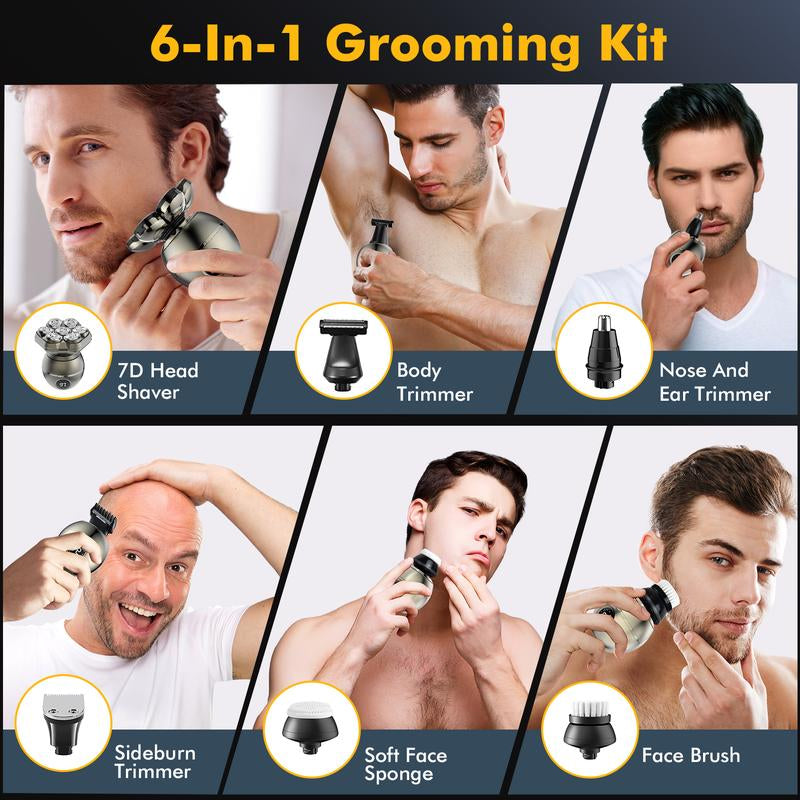 7D Bald Head Shaver for Men, IPX7 Waterproof Electric Razor for Wet Dry Use, 6 in 1 Magnetic Head Shaver for Men with Type-C Charger