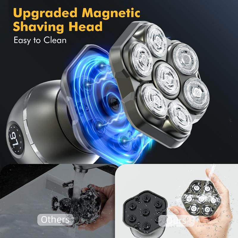 7D Bald Head Shaver for Men, IPX7 Waterproof Electric Razor for Wet Dry Use, 6 in 1 Magnetic Head Shaver for Men with Type-C Charger