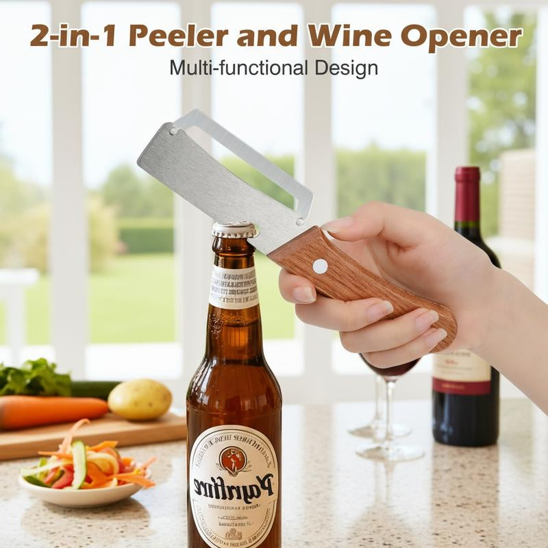 2-Pack 2-In-1 Vegetable & Fruit Peeler with Stainless Steel Blade and Bottle Opener, Wooden Handle Kitchen Tool for Potatoes, Apples, Zucchini, Papaya & Pumpkin