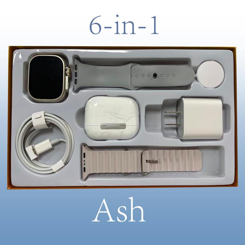 6-In-1 Smart Watch Kit for Iphone/Android with Bluetooth Headphones 20W Fast Charger Type-C Cable Adapter Audio Support Compact Portable Wearable Tech