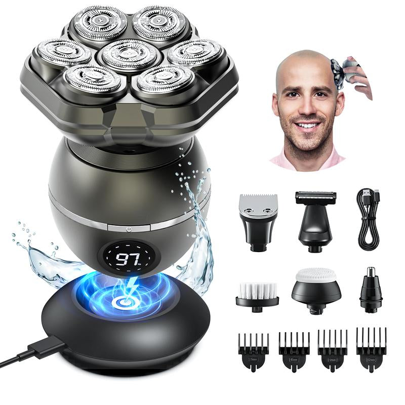 7D Bald Head Shaver for Men, IPX7 Waterproof Electric Razor for Wet Dry Use, 6 in 1 Magnetic Head Shaver for Men with Type-C Charger