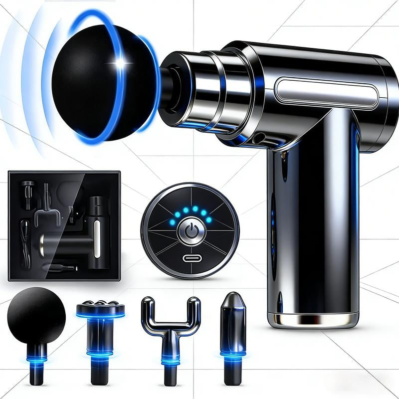 Home Portable USB Rechargeable 6-Speed Body Massage Gun with 4 Replaceable Heads Ultra-Quiet Brushless Motor for Muscle Recovery Neck & Back Pain Relief Post-Workout Relaxation Black Massager Gift