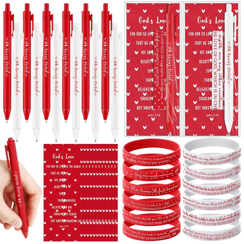 Valentine'S Day Gift Jesus Loves Me Pen with Valentines Day Cards for Christian Student Classroom Valentine Exchange Gift Bible Verse Ballpoint Pen with Inspiring Quote Bookmark Silicone Wristbands for Woman Religious Part Favor Daily Use