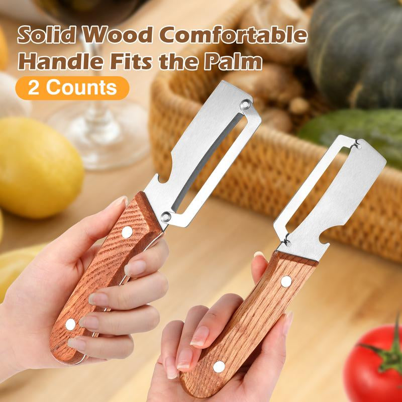 2-Pack 2-In-1 Vegetable & Fruit Peeler with Stainless Steel Blade and Bottle Opener, Wooden Handle Kitchen Tool for Potatoes, Apples, Zucchini, Papaya & Pumpkin