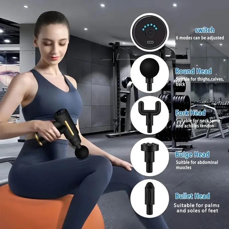 Home Portable USB Rechargeable 6-Speed Body Massage Gun with 4 Replaceable Heads Ultra-Quiet Brushless Motor for Muscle Recovery Neck & Back Pain Relief Post-Workout Relaxation Black Massager Gift