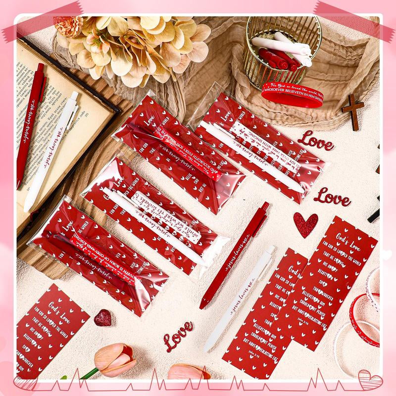 Valentine'S Day Gift Jesus Loves Me Pen with Valentines Day Cards for Christian Student Classroom Valentine Exchange Gift Bible Verse Ballpoint Pen with Inspiring Quote Bookmark Silicone Wristbands for Woman Religious Part Favor Daily Use