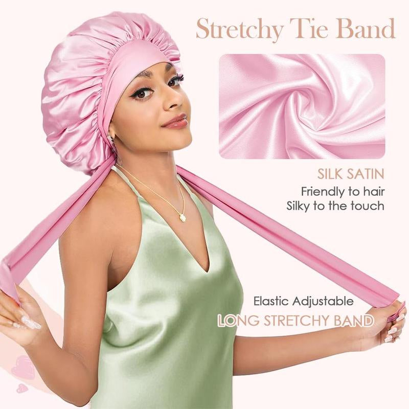New Double Layer Satin Adjustable Bonnet with Tie Band Forsleeping Satin Lined Silk Skin Friendly Bonnets for Womennatural Curly Hair Ladies' Gift Haircareheatless