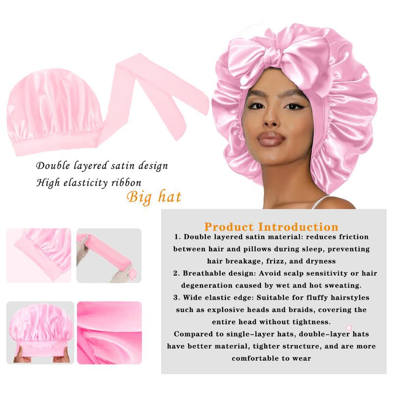 New Double Layer Satin Adjustable Bonnet with Tie Band Forsleeping Satin Lined Silk Skin Friendly Bonnets for Womennatural Curly Hair Ladies' Gift Haircareheatless
