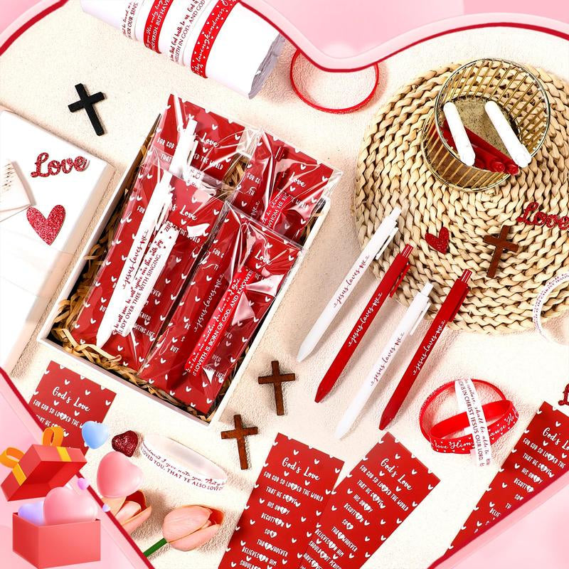 Valentine'S Day Gift Jesus Loves Me Pen with Valentines Day Cards for Christian Student Classroom Valentine Exchange Gift Bible Verse Ballpoint Pen with Inspiring Quote Bookmark Silicone Wristbands for Woman Religious Part Favor Daily Use