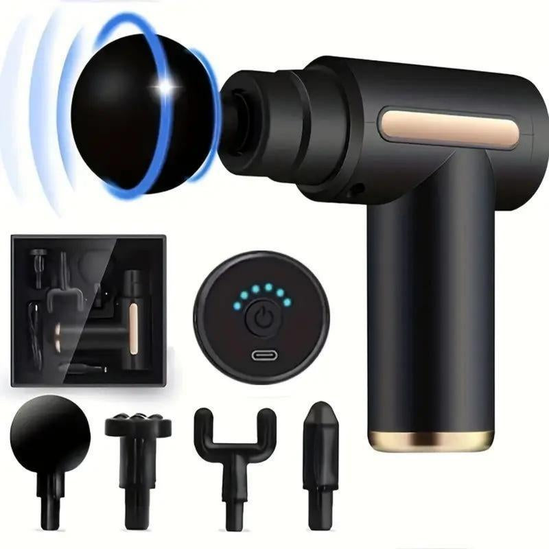 Home Portable USB Rechargeable 6-Speed Body Massage Gun with 4 Replaceable Heads Ultra-Quiet Brushless Motor for Muscle Recovery Neck & Back Pain Relief Post-Workout Relaxation Black Massager Gift