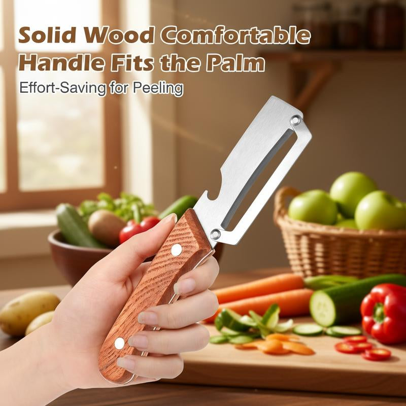 2-Pack 2-In-1 Vegetable & Fruit Peeler with Stainless Steel Blade and Bottle Opener, Wooden Handle Kitchen Tool for Potatoes, Apples, Zucchini, Papaya & Pumpkin