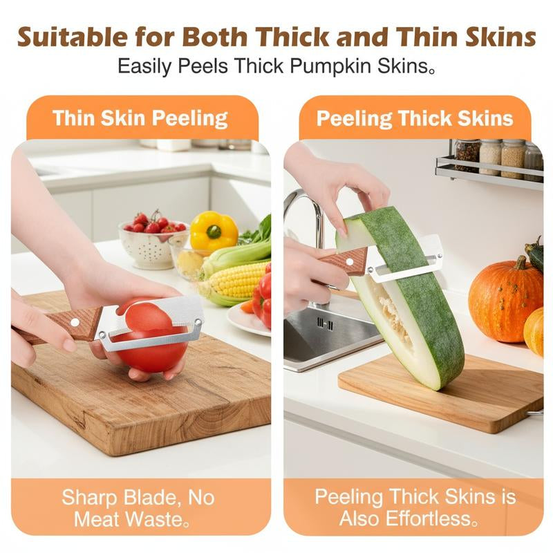2-Pack 2-In-1 Vegetable & Fruit Peeler with Stainless Steel Blade and Bottle Opener, Wooden Handle Kitchen Tool for Potatoes, Apples, Zucchini, Papaya & Pumpkin