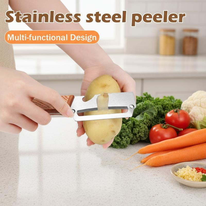 2-Pack 2-In-1 Vegetable & Fruit Peeler with Stainless Steel Blade and Bottle Opener, Wooden Handle Kitchen Tool for Potatoes, Apples, Zucchini, Papaya & Pumpkin
